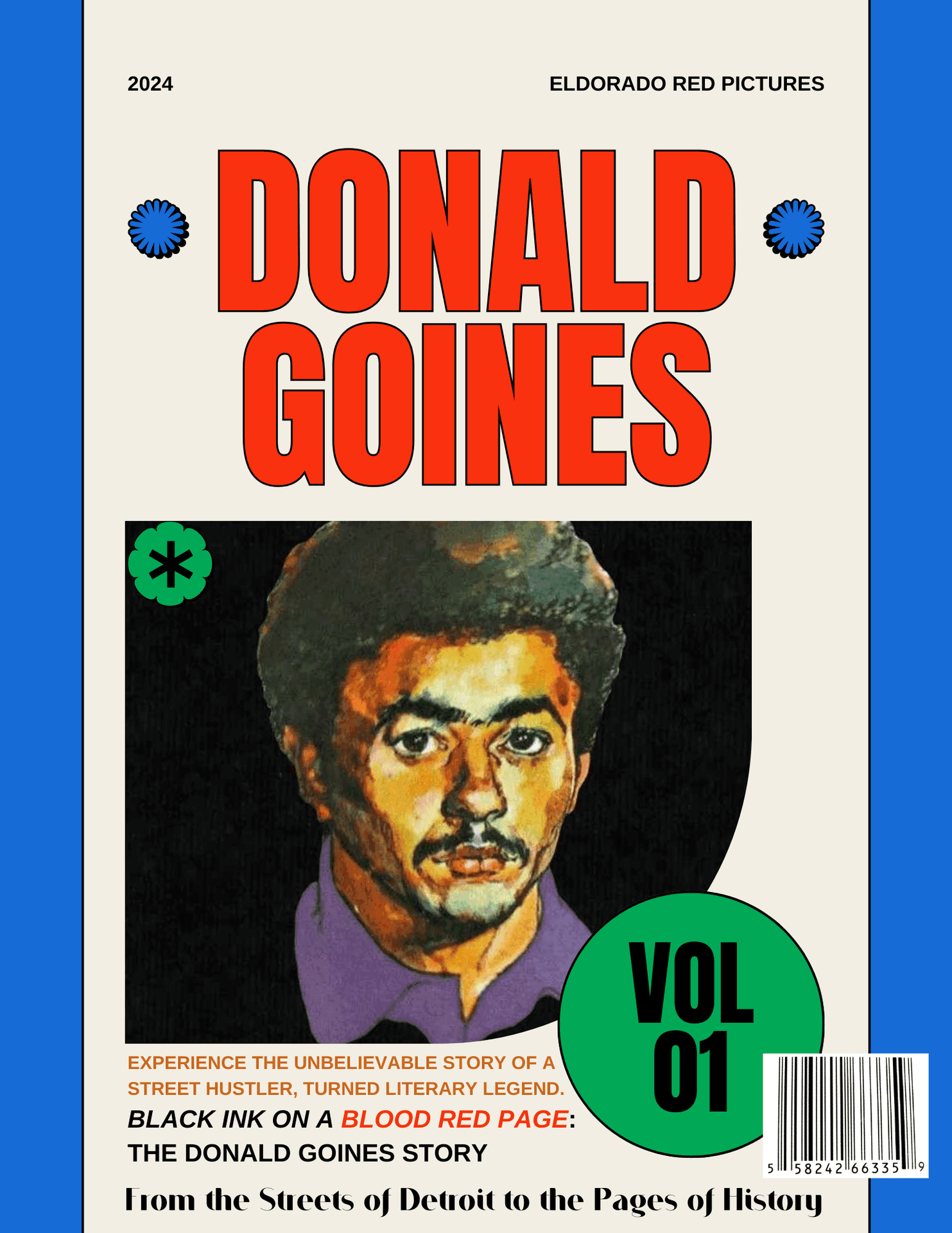 Illustrated book cover featuring portrait and bold text for Donald Goines, volume 01.