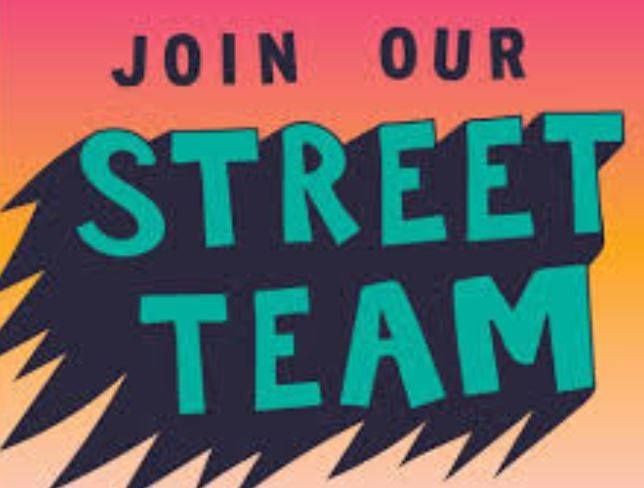 Graphic text 'Join Our Street Team' on colorful background.